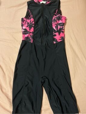 Black One-Piece Swimsuit with Pink Palm-Print Panels